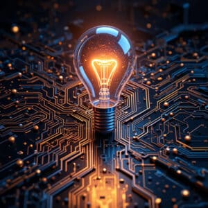 Blue light illuminates a sophisticated circuit board, symbolizing advanced digital technology and electronic design