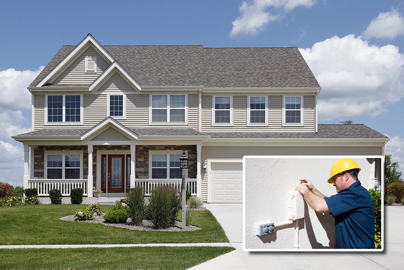 residential home2 A two-story beige residential house with a well-kept lawn. Inset shows a worker in a yellow hard hat installing a white electrical outlet on an exterior wall.